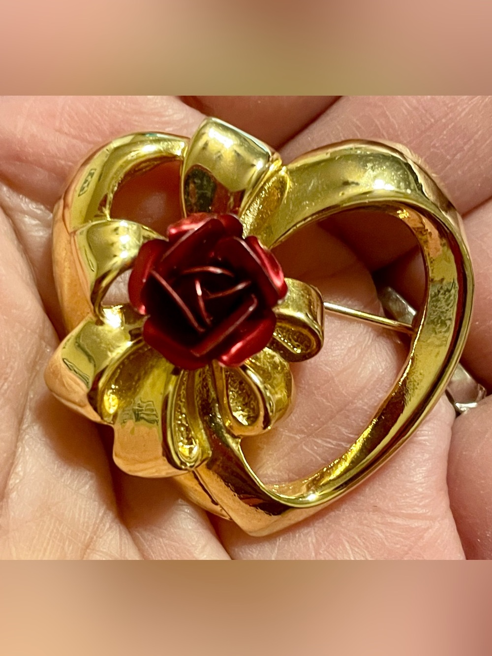 Vintage Gold Tone Heart Brooch with Red Rose Accent